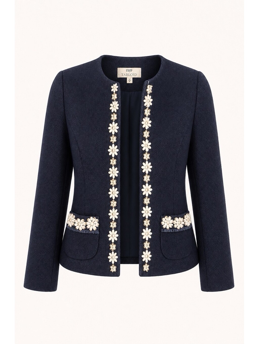 Rsvp By Talbots White Hand-Beaded Navy Blazer Front Pockets 6 Nwot Office Wear